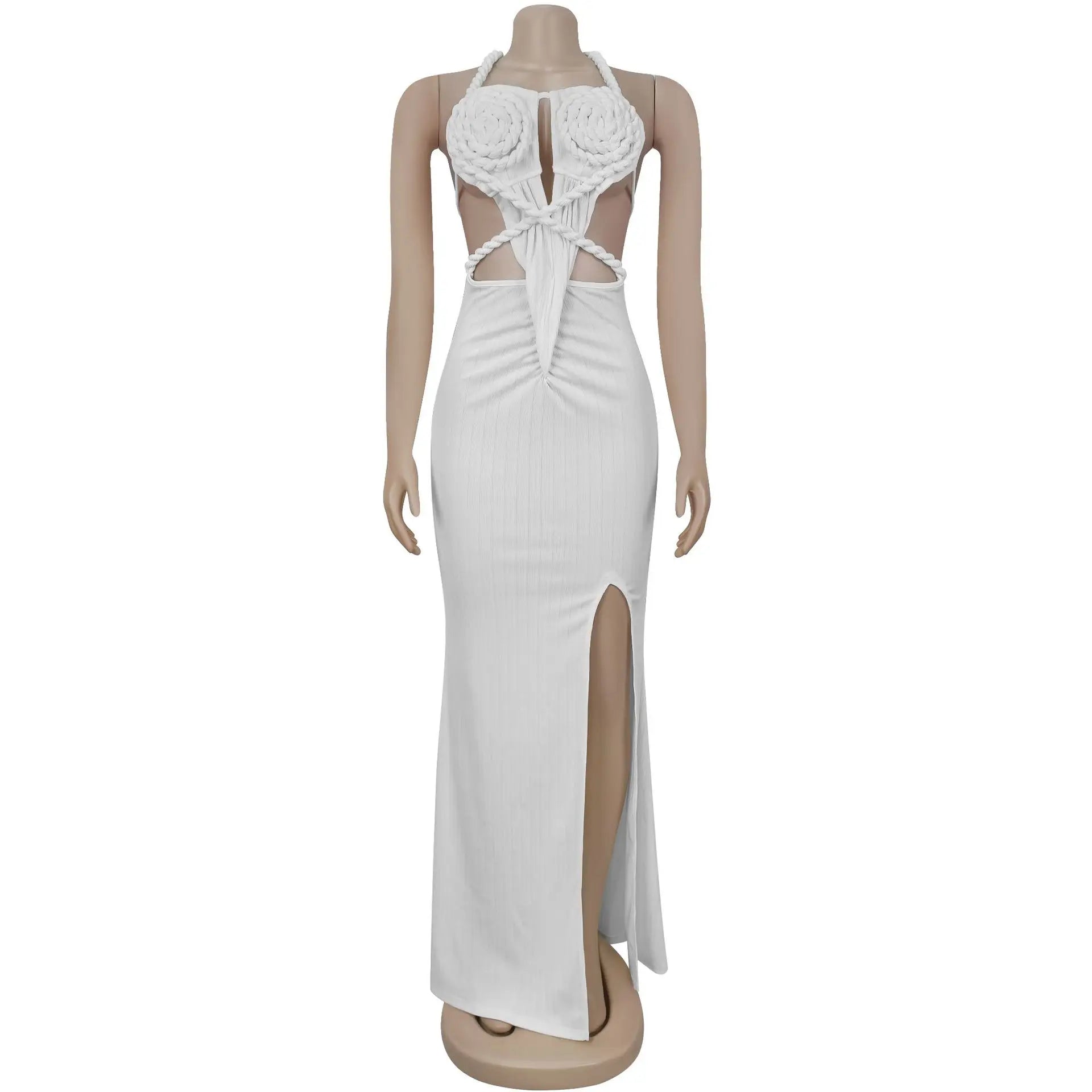 Joskaa Women Summer Knit Halter Long Dress Sexy Hollow Backless Slit Bodycon Maxi Dresses Holiday Party Club Beachwear S-XXL