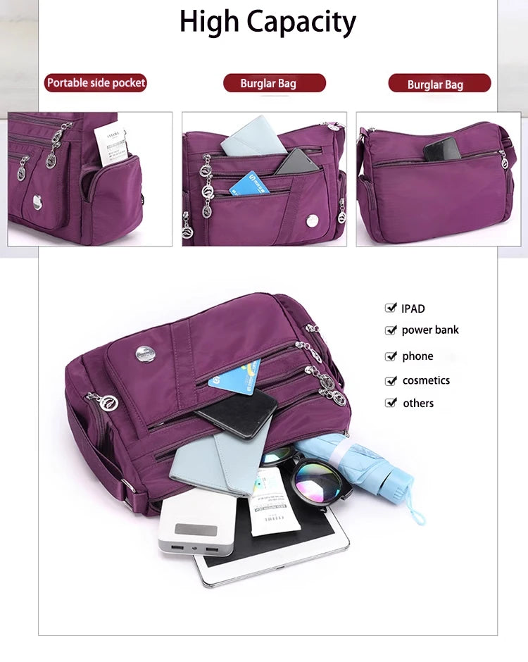 Large Capacity Waterproof Nylon Shoulder Bag Multi-Pocket Crossbody Bag Female Bag Shopping Travel Lady Handbag Leisure Purse