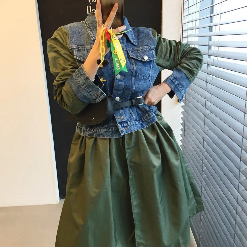 New 2023 high Fashion Streetwear Windbreaker For Women Turtleneck Long Sleeve green denim dress