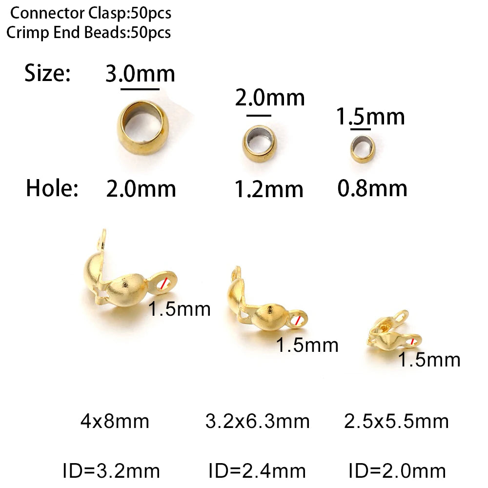 50pcs Stainless Steel Connector Clasp Fitting Ball Chain End Crimps Beads For Bracelet Necklace Chains Jewelry Making Supplie