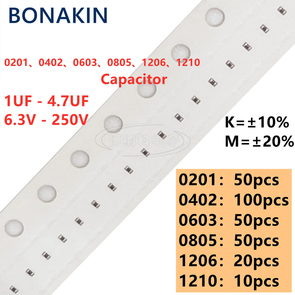 0201 0402 0603 0805 1206 1210 SMD Capacitor 1uF 2.2uF 4.7uF 6.3V 10V 16V 25V 35V 50V 100V 200V 250V X5R X7R 10% 20% Bonakin