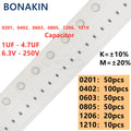 0201 0402 0603 0805 1206 1210 SMD Capacitor 1uF 2.2uF 4.7uF 6.3V 10V 16V 25V 35V 50V 100V 200V 250V X5R X7R 10% 20% Bonakin