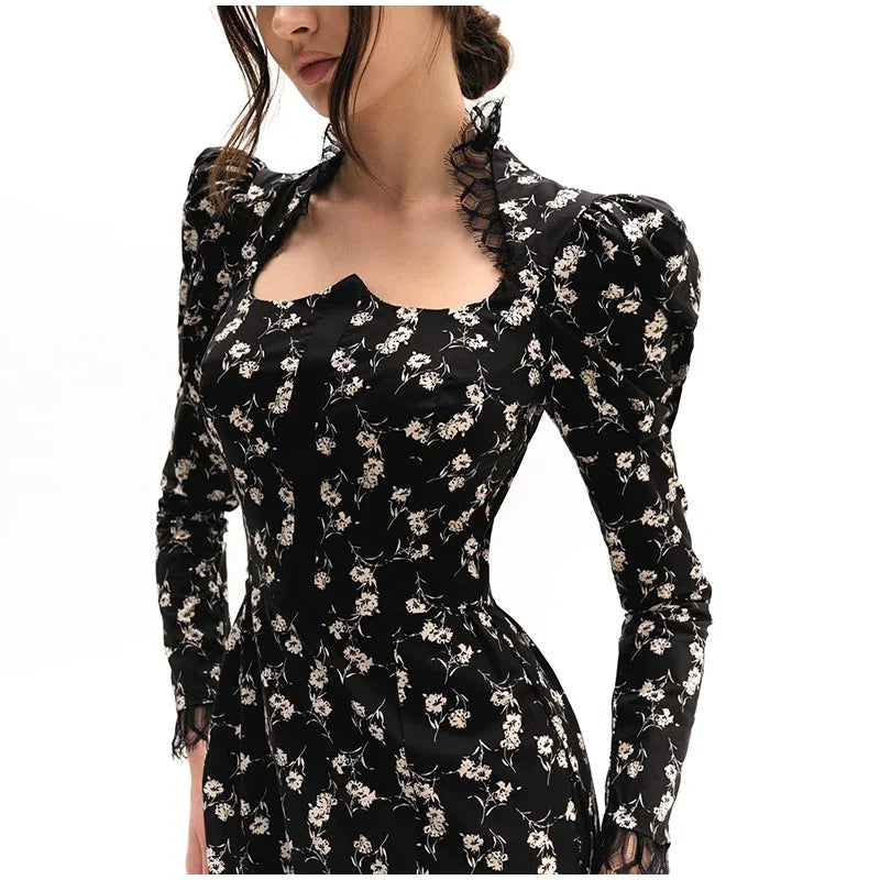 Square Collar Puff Sleeve Women Dress Patchwork Slim Pleated Lady Maxi Dresses 2026 Elegant Spring Vintage Female Vestidos