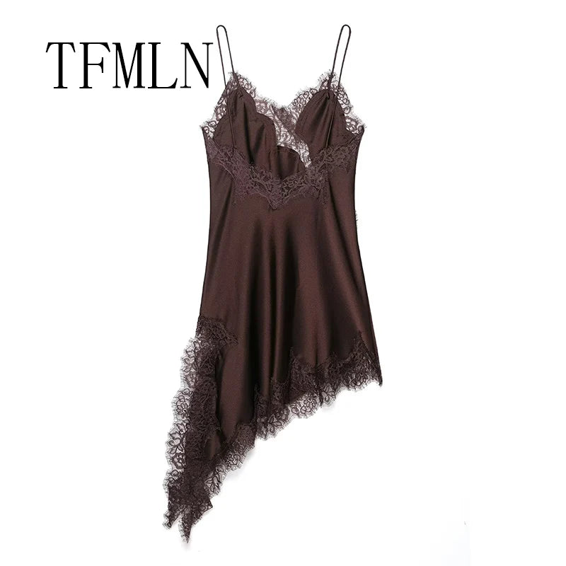 TFMLN Damen sexy Spitzen-Spleiß-Kleider Sommer einfarbig ärmelloses asymmetrisches Kleid rückenfrei schmal Damen Party Sling Minikleid