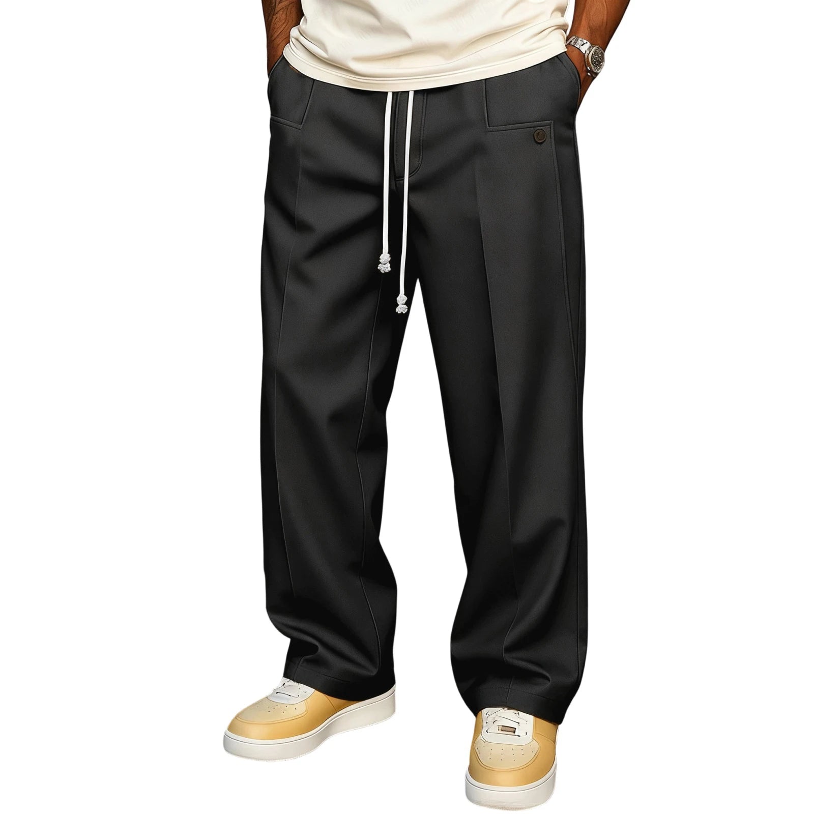 Men s Elastic Waist Jogger Pants with Side Pockets Comfortable Solid Color Casual Mid Rise  Fit Trousers
