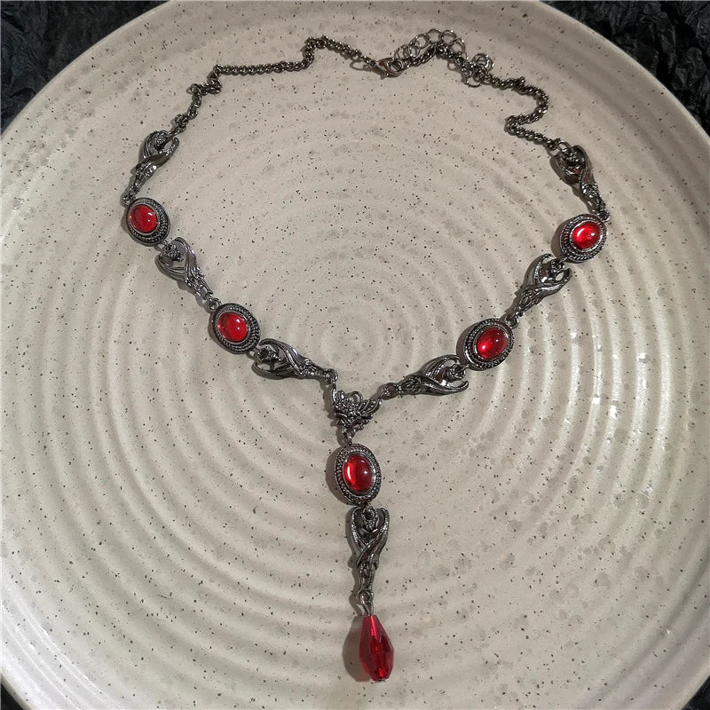 Goth Vintage Y2K Dark Red Heart Cross Pendant Irregular Stone Bead Choker Necklace Women Punk Halloween Grunge EMO Accessories
