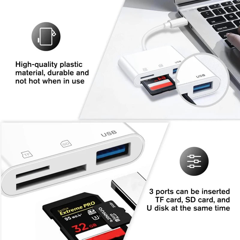 OTG 3 in 1 TF SD Card Reader Data Transmission Splitter Camera Reader Adapter for iPhone 15 14 13 12 11 XR Pro Max XR Android