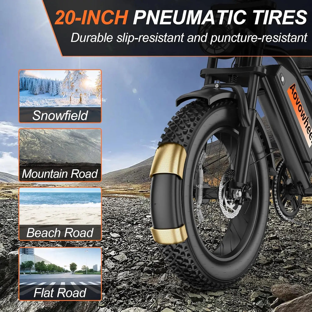 AOVOPRO AOVOWHEEL AP20(AW2PRO) Electric Bike 1500W 20" Fat Tire 31mph Top Speed 70 Miles Range for Road Sand Mountain Snow Electric Motorcycle