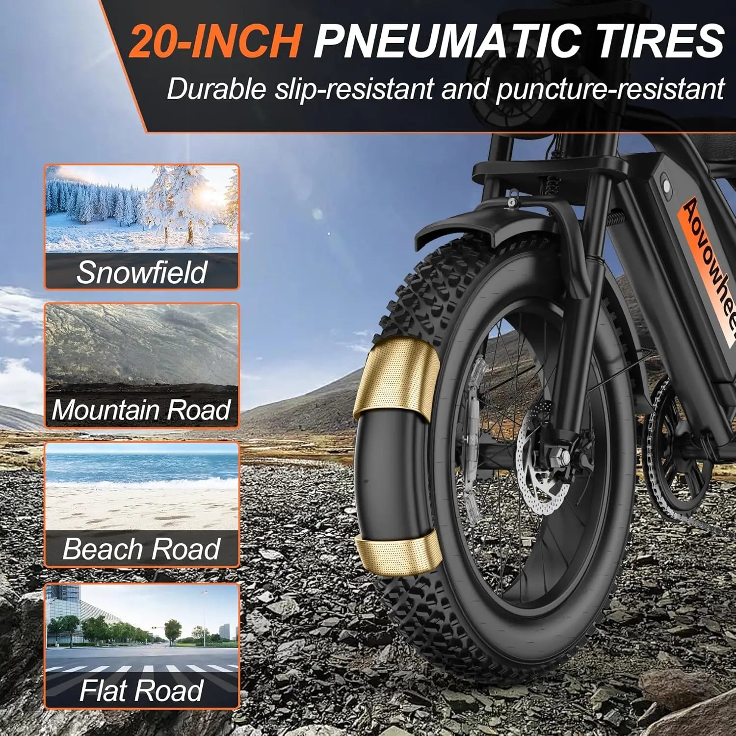 AOVOPRO AOVOWHEEL AP20(AW2PRO) Electric Bike 1500W 20" Fat Tire 31mph Top Speed 70 Miles Range for Road Sand Mountain Snow Electric Motorcycle
