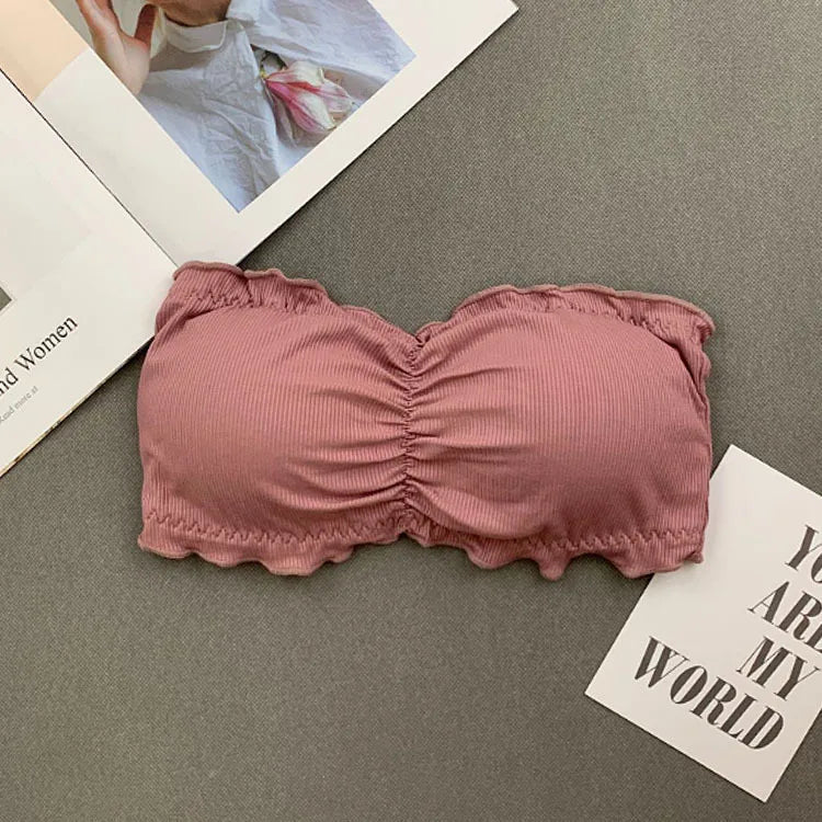 Ruffle Strapless Three Hook-and-eye Cotton Bra Crop Top Sexy Solid Women Bra Invisible Beauty Back Off Shoulder Omighty Camisole