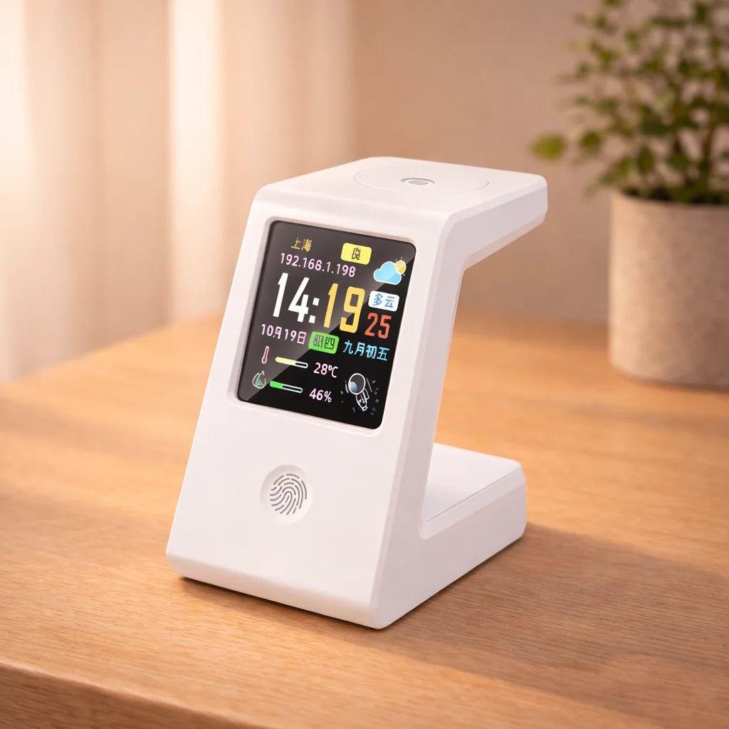 Smart WiFi weather clock, featuring wireless charging for watches, digital table clock, real-time weather display, touch control