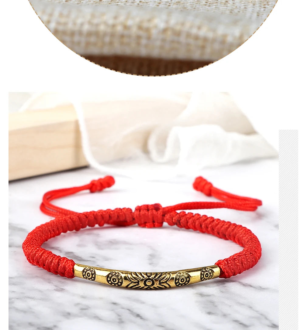 Golden Color Long Tube Braided Bracelet Lucky Red Black Thread Handmade Adjustable Bangle Men Women Buddhism Jewelry Prayer Gift