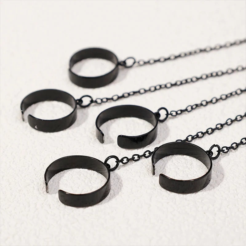 Punk Geometric Black Color Chain Wrist Bracelet Ring For Women Men Open Ring Silver Link Chain Girls Cool Design Fashion Jewelry