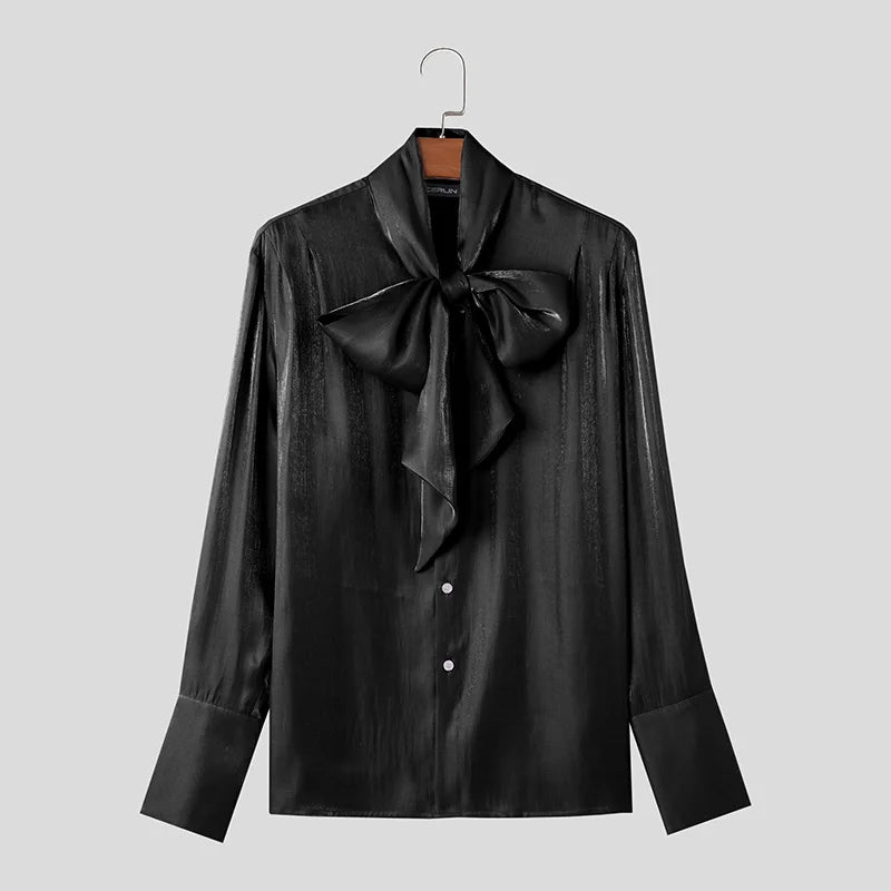 INCERUN Tops 2024 Korean Style Men's Ribbon Pleated Glitter Design Shirts Leisure Male Solid All-match Long Sleeved Blouse S-5XL