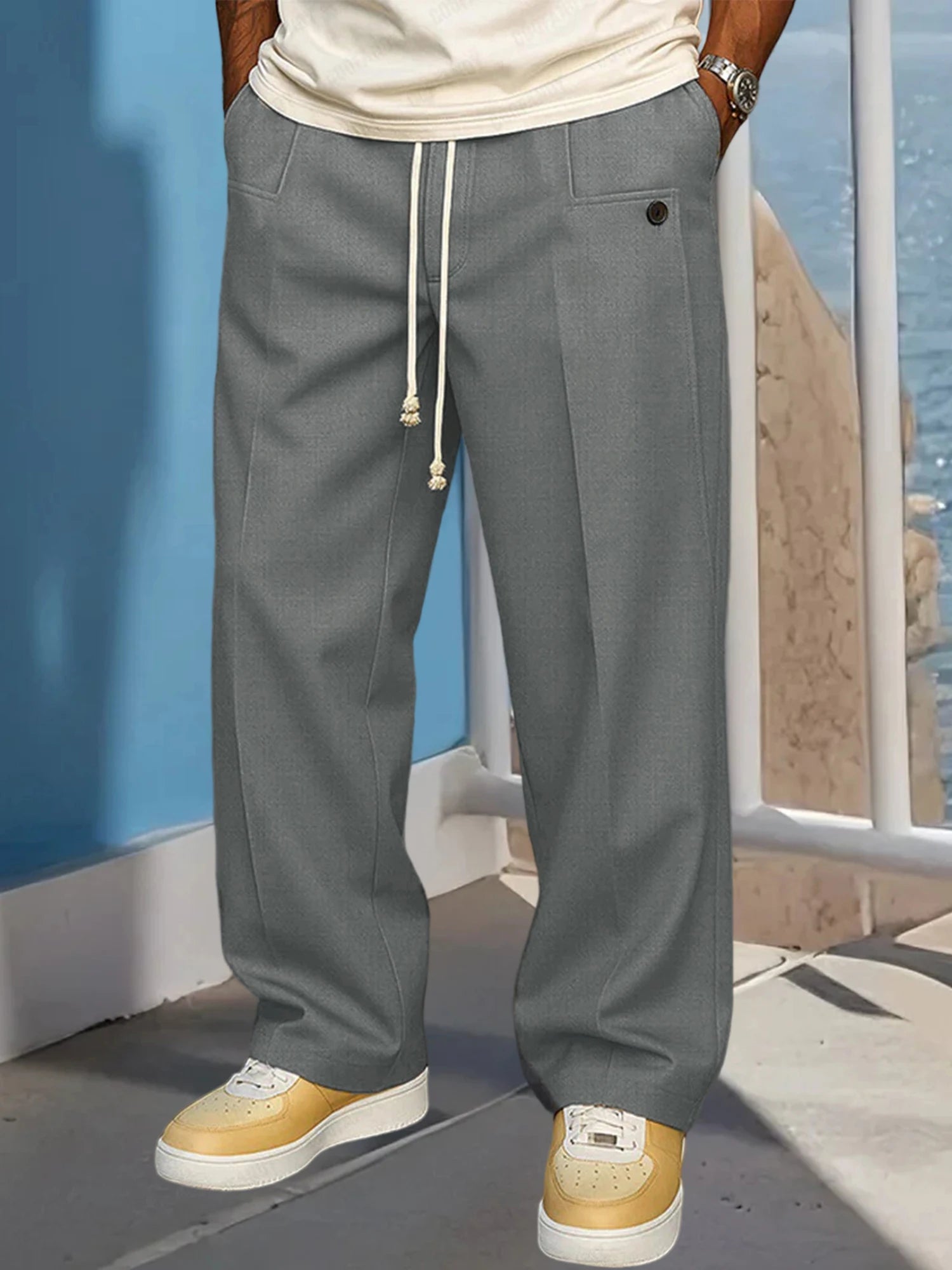Men s Elastic Waist Jogger Pants with Side Pockets Comfortable Solid Color Casual Mid Rise  Fit Trousers