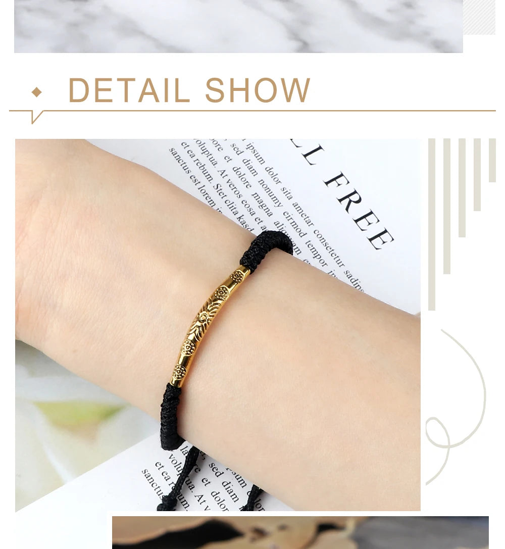 Golden Color Long Tube Braided Bracelet Lucky Red Black Thread Handmade Adjustable Bangle Men Women Buddhism Jewelry Prayer Gift