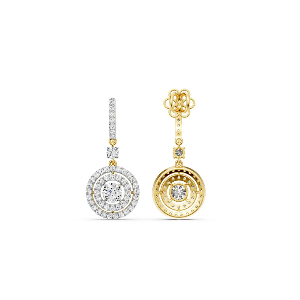 Halo Lab Grown Diamond Drop Earrings 14K Yellow Gold Double Circle Diamond Dangle IGI Certified Luxury Gift Elegant Fine Jewelry