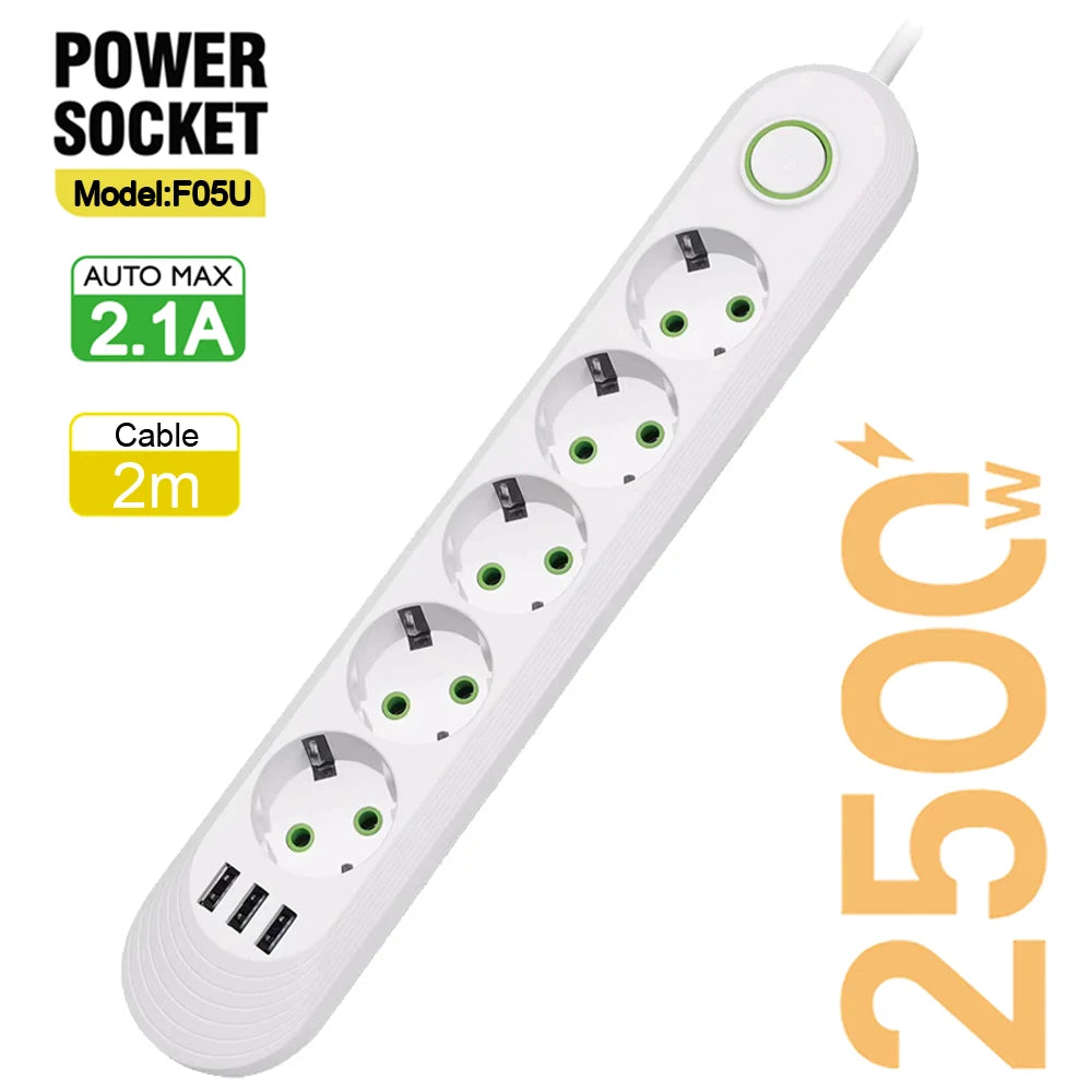 EU Plug AC Outlet Multiprise Power Strip 2m Extension Cord Electrical Socket Network Filter With USB Ports 2.1A Fast Charging