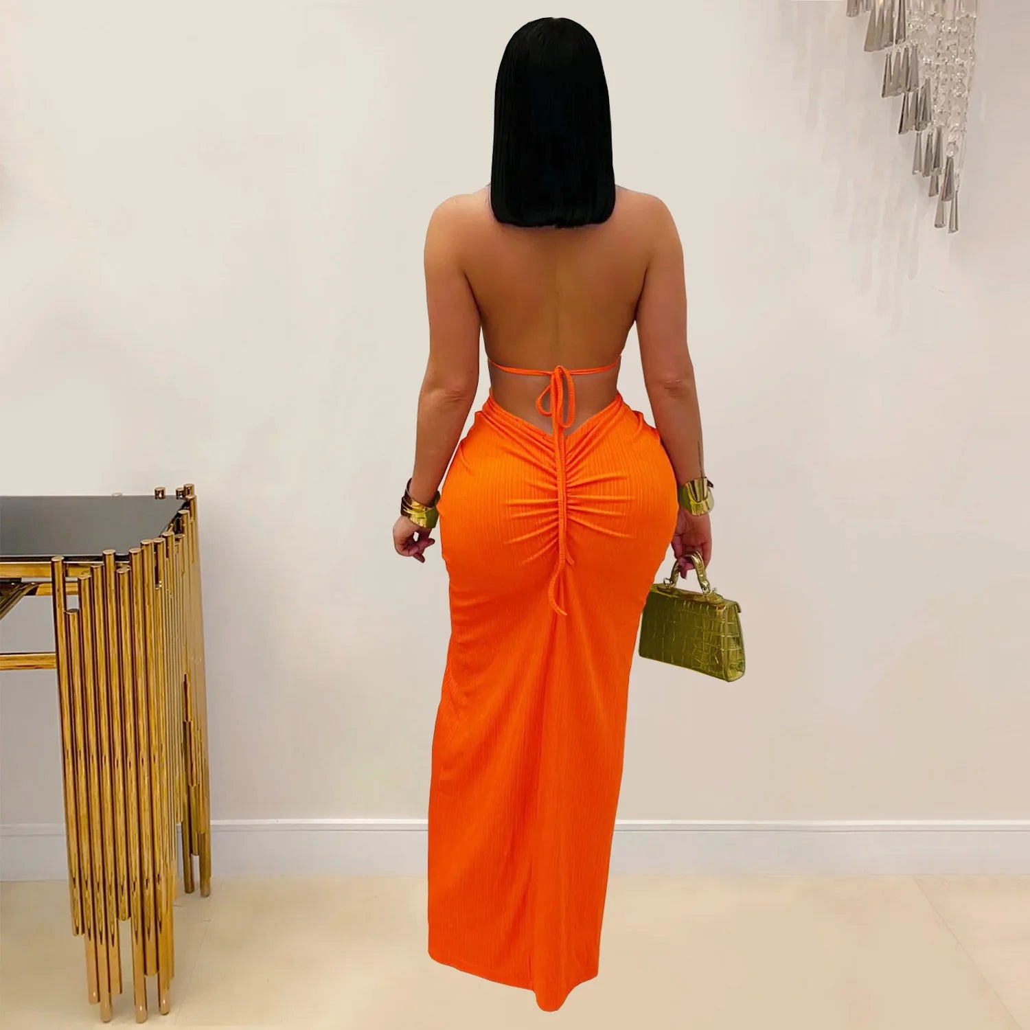 Joskaa Women Summer Knit Halter Long Dress Sexy Hollow Backless Slit Bodycon Maxi Dresses Holiday Party Club Beachwear S-XXL