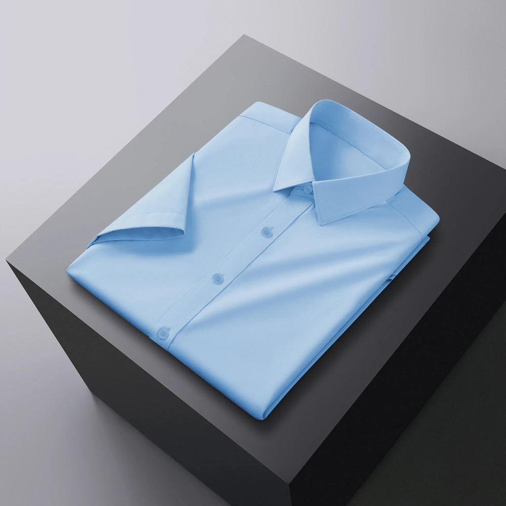 New Men's Business Casual Solid Color Short Sleeved Shirt for Summer Fashion No Ironing Comfortable and Versatile Top