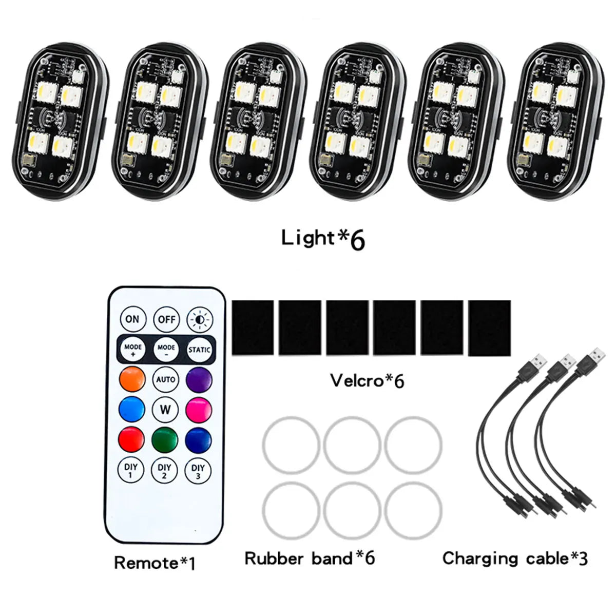 2/4Pcs Wireless Car Ambient Light Color Changing Car Interior Decorative Light with Remote Control Charging Car LED Strobe Light