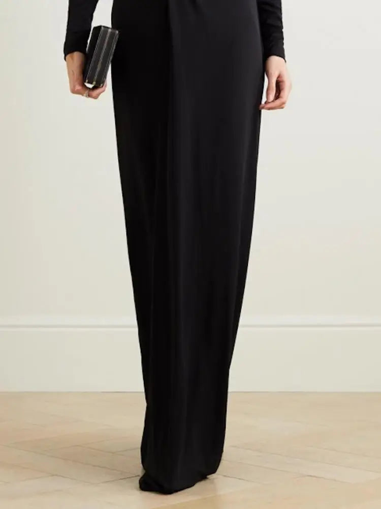 Freeacy 2024 Women's Dress Solid Black Deep V-neck Long Sleeves Floor Length Evening Dresses Ladies Slim Fit Wrap Suit Dress