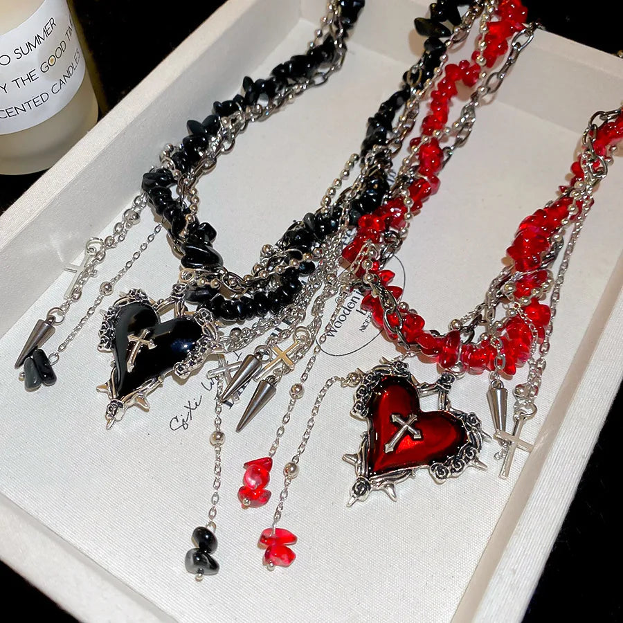 Goth Vintage Y2K Dark Red Heart Cross Pendant Irregular Stone Bead Choker Necklace Women Punk Halloween Grunge EMO Accessories