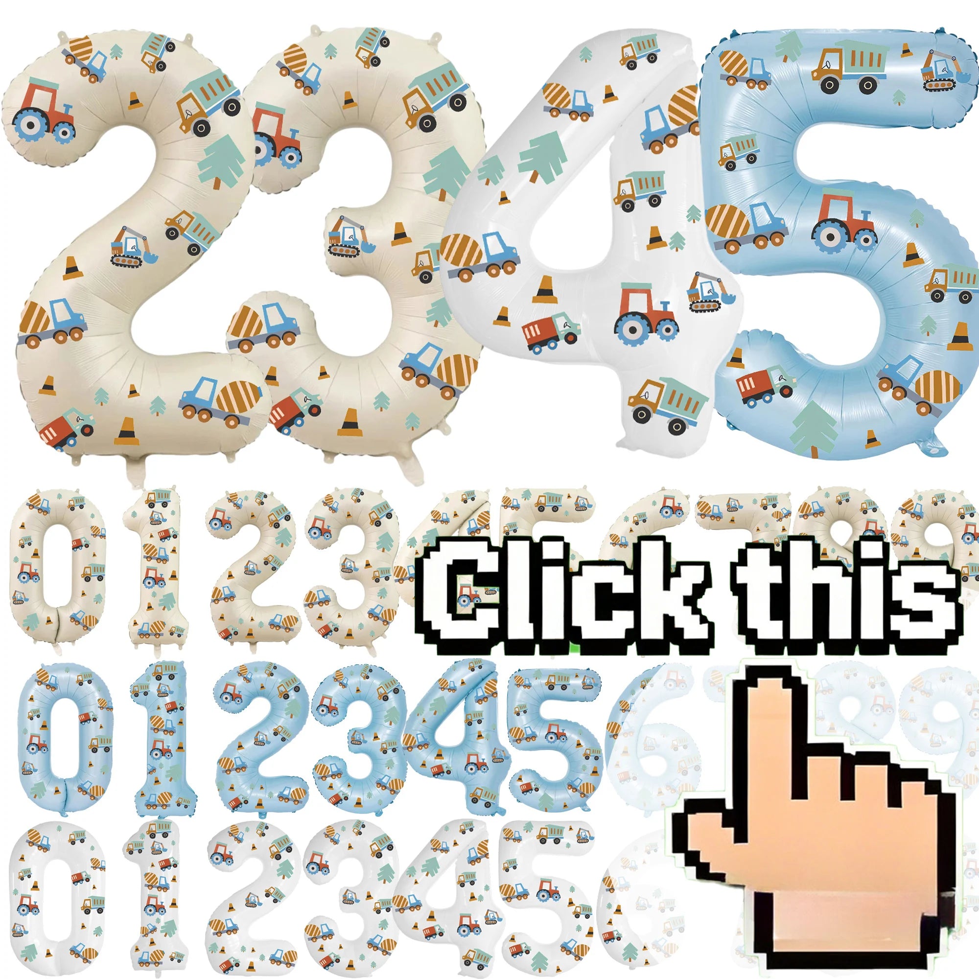 32in Foil Number Balloons with Construction Vehicle Stickers, 0-9 for Birthday Party Home Decor, Graduation/Halloween/