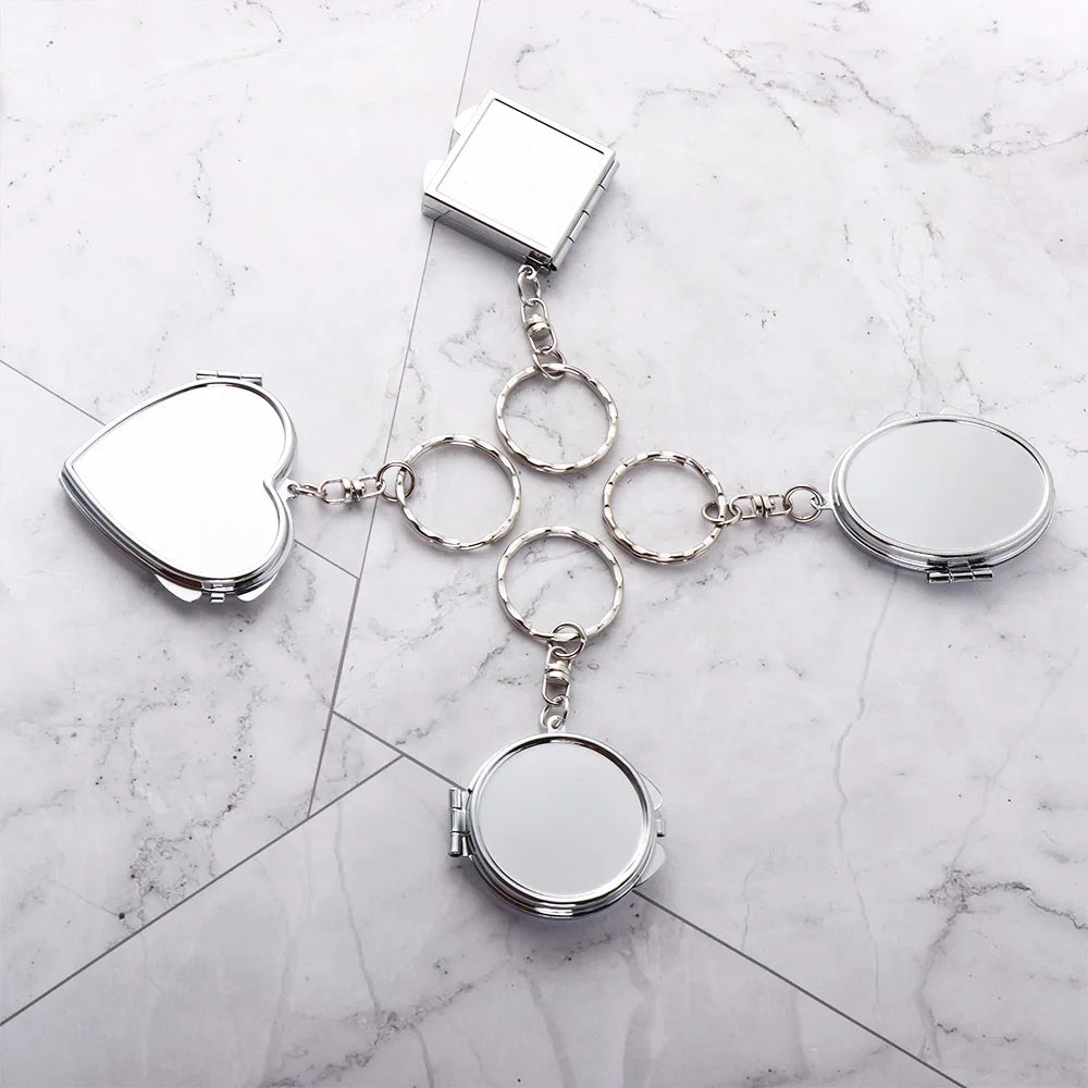 Portable Mini Folding Mirror Key Chain Round Heart Oval Sqaure Shape Pocket Compact Makeup Cosmetic Mirror With Key Ring