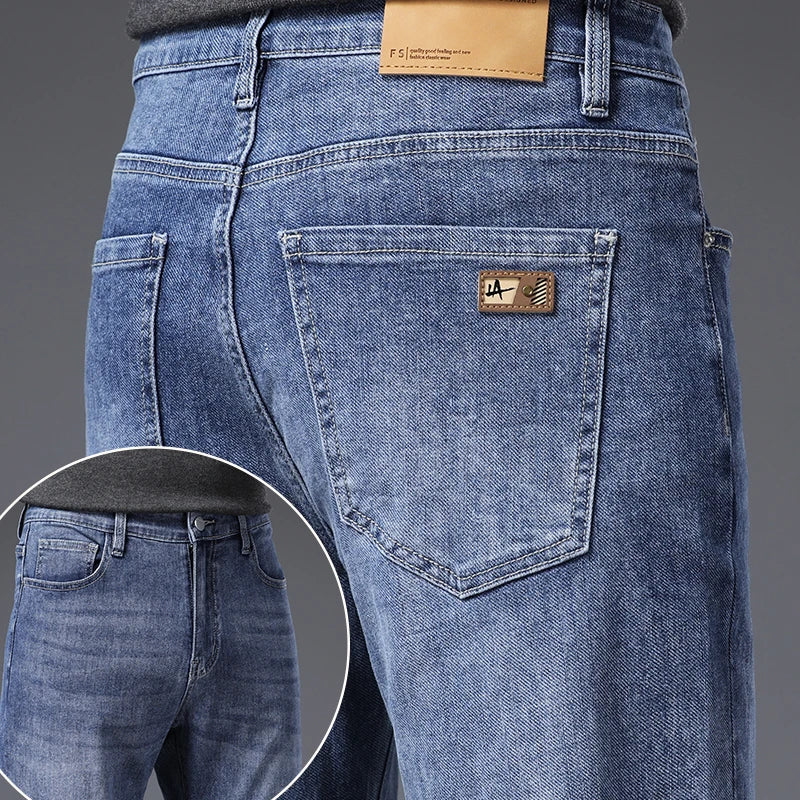 Korean Fashion Men's Soft Stretch Slim Fit Jeans Business Casual Straight Denim Pants Classic Brand Washed Blue Gray Trousers