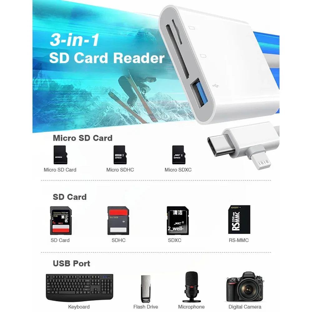 3 in 2 OTG Card Reader Type-C Lightning to SD/TF/USB Memory Card Adapter For Laptops iPhone 17 Multi-Function Smart Card Reader