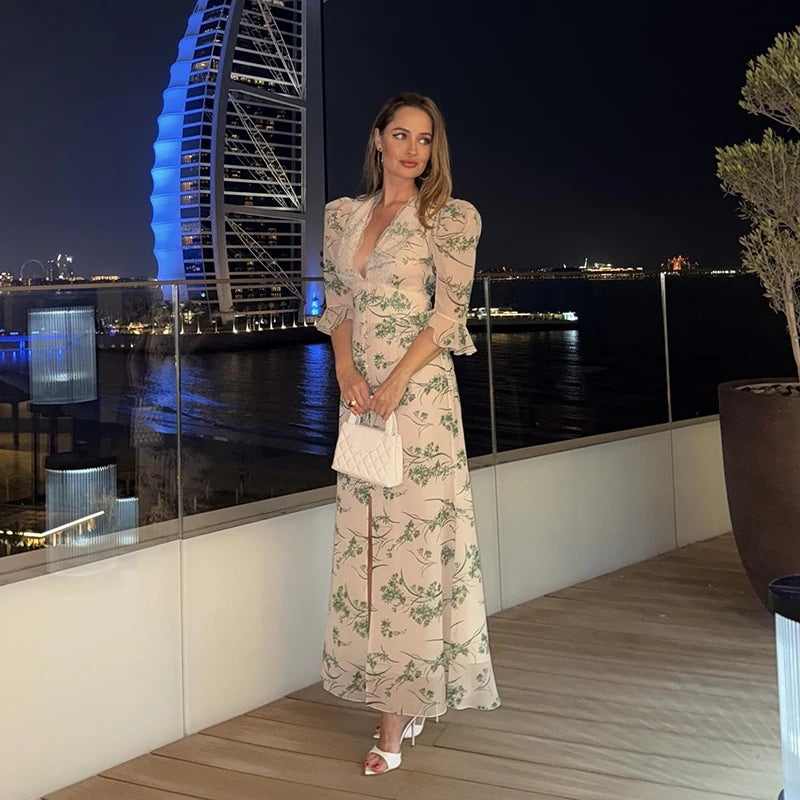 Women Dress Lace Trim Deep V-Neck Short Sleeve Dresses Floral Print Flowy Front Elegant Summer Vacation Streetwear Dress Ladies