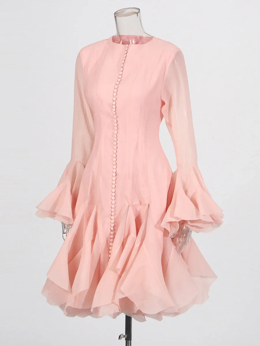 TWOTWINSTYLE Solid Slimming Spliced Folds Dresses for Women Round Neck Long Sleeves Patchwork Buttons Dress Female Clothing New
