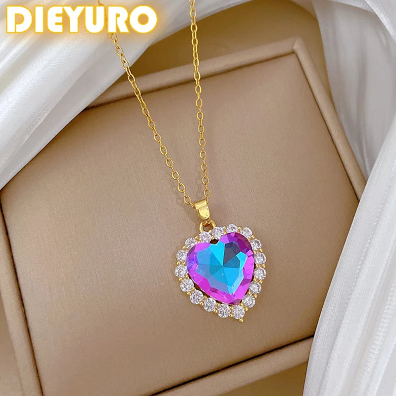 DIEYURO 316L Stainless Steel Colorful Crystal Simple Heart Pendant Necklace Women Girl Fashion Collarbone Chain Jewelry Gift