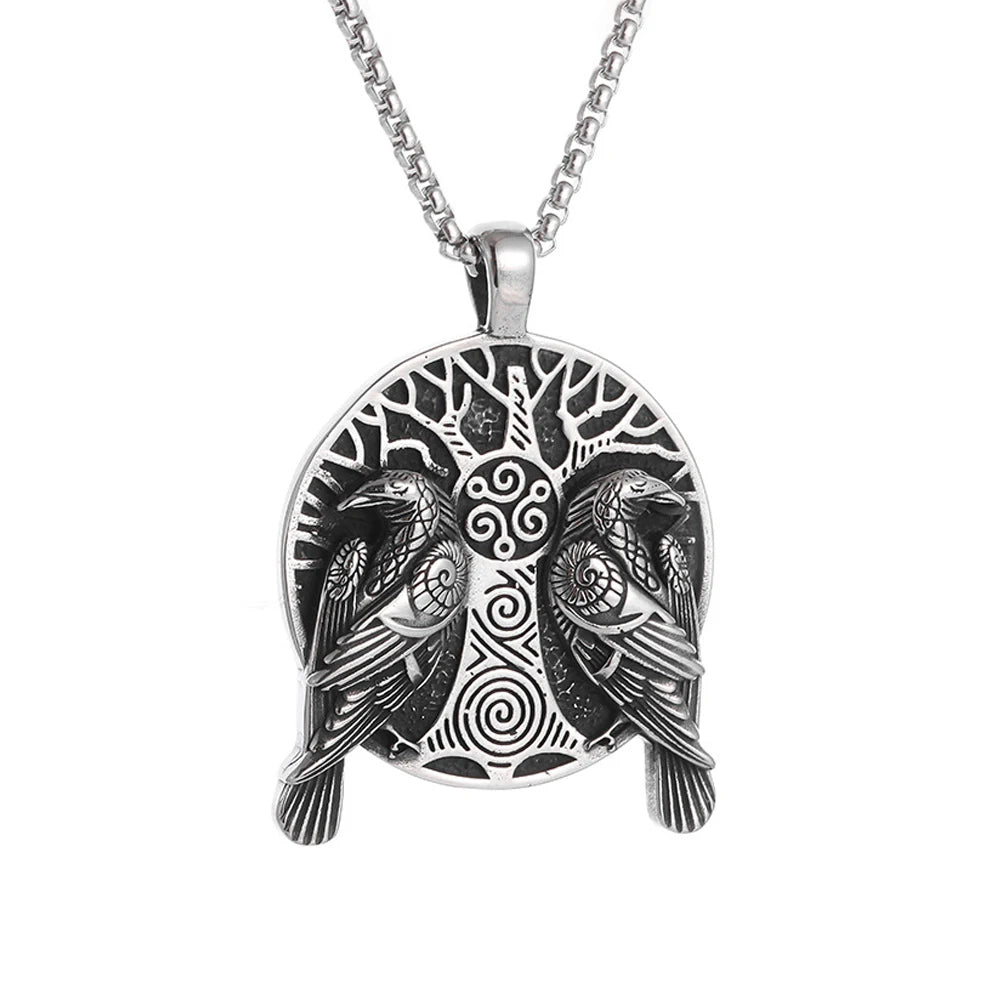Fashion Vintage Viking Odin Double Ravens Necklace Stainless Steel Nordic Tree of Life Pendant for Men Amulet Jewelry Wholesale