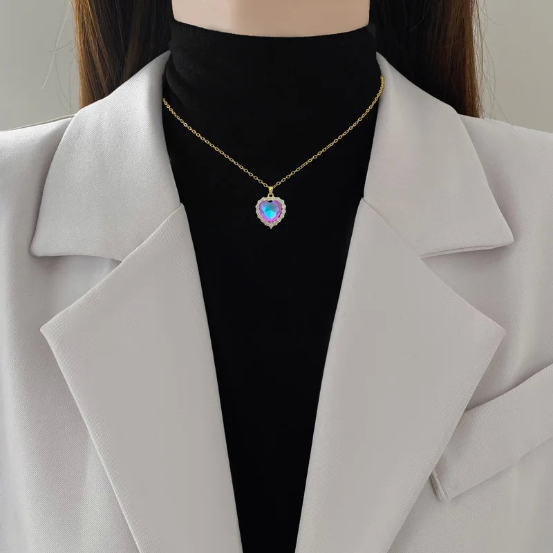 DIEYURO 316L Stainless Steel Colorful Crystal Simple Heart Pendant Necklace Women Girl Fashion Collarbone Chain Jewelry Gift