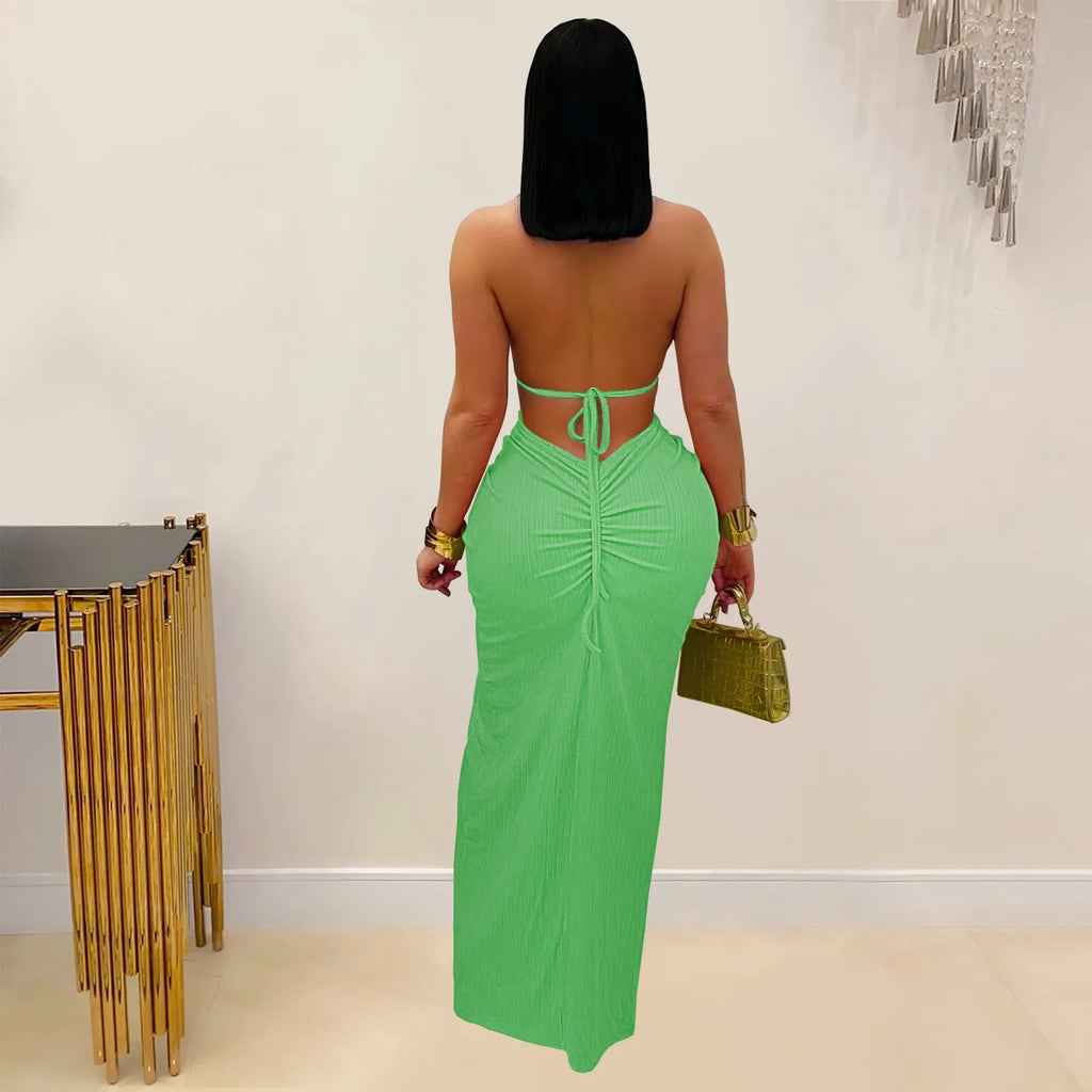 Joskaa Women Summer Knit Halter Long Dress Sexy Hollow Backless Slit Bodycon Maxi Dresses Holiday Party Club Beachwear S-XXL