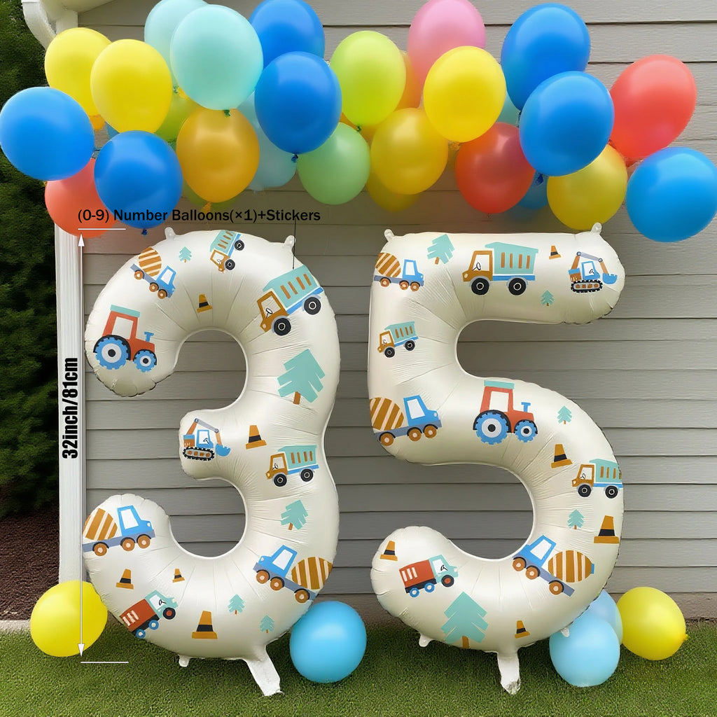 32in Foil Number Balloons with Construction Vehicle Stickers, 0-9 for Birthday Party Home Decor, Graduation/Halloween/