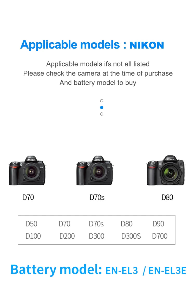 HQIX for Nikon D50 D70 D70S D80 D90 D100 D200 D300 D300S D700 Camera EN-EL3E Charger Battery
