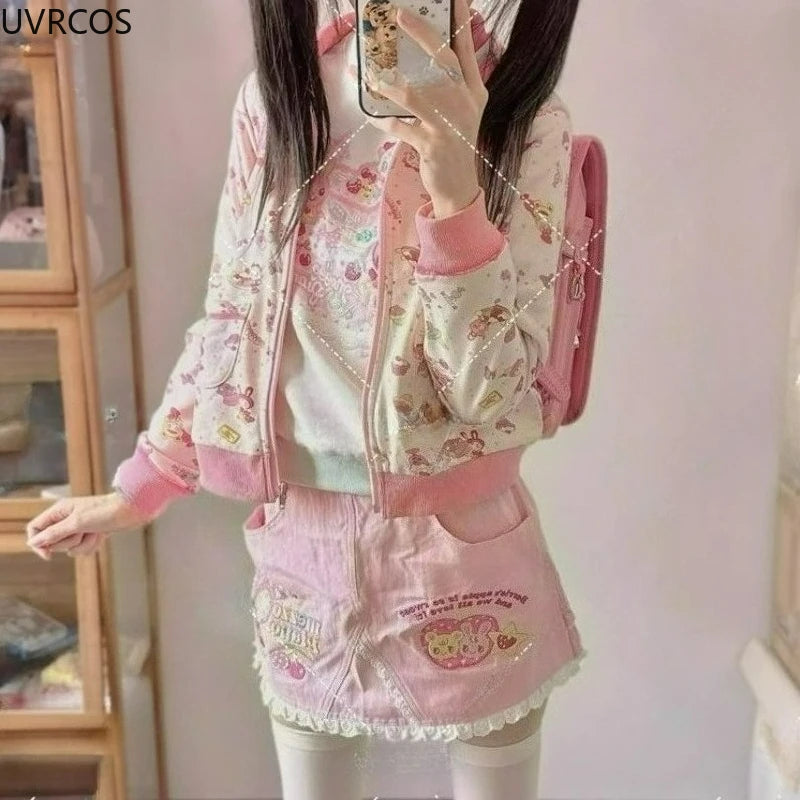 Japanese Kawaii Anime Lolita Hoodies Women Vintage Sweet Cartoon Print Casual Hooded Coat Y2k Aesthetics Para Mujer Sweatshirts