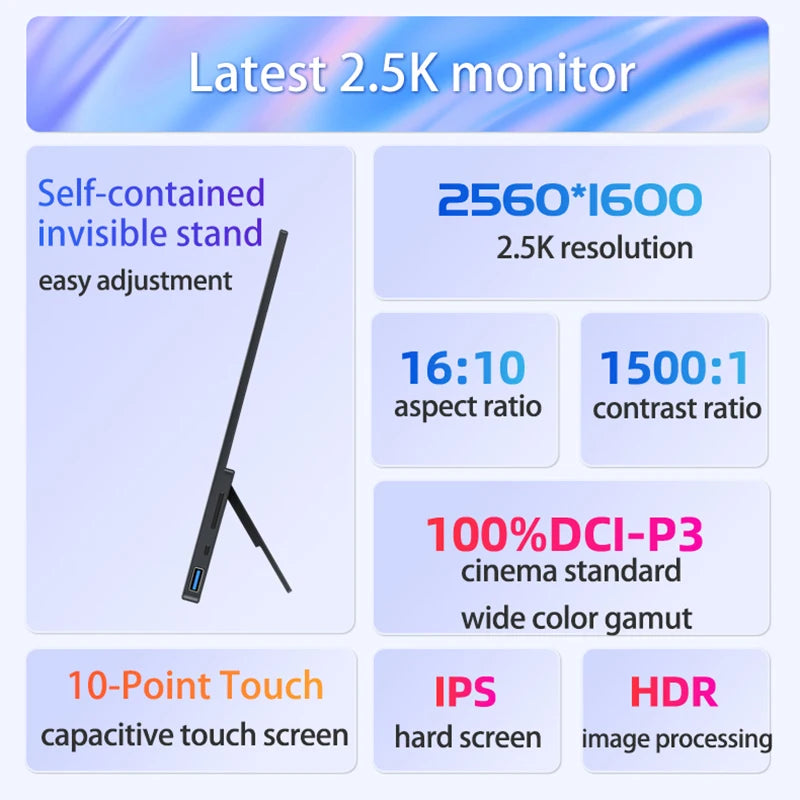 VCHANCE 16 Inch 2.5K Portable Monitor 16:10 2560*1600p 100%DCI-P3 500Nit Travel Second Gaming Display for Laptop Xbox Switch ps4