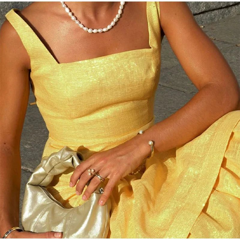 Elegant Ruffles Shiny Dress Women Square Neck A Line Solid Sleeveless Robe Female 2024 Summer Fashion Party Evening Dresses Lady