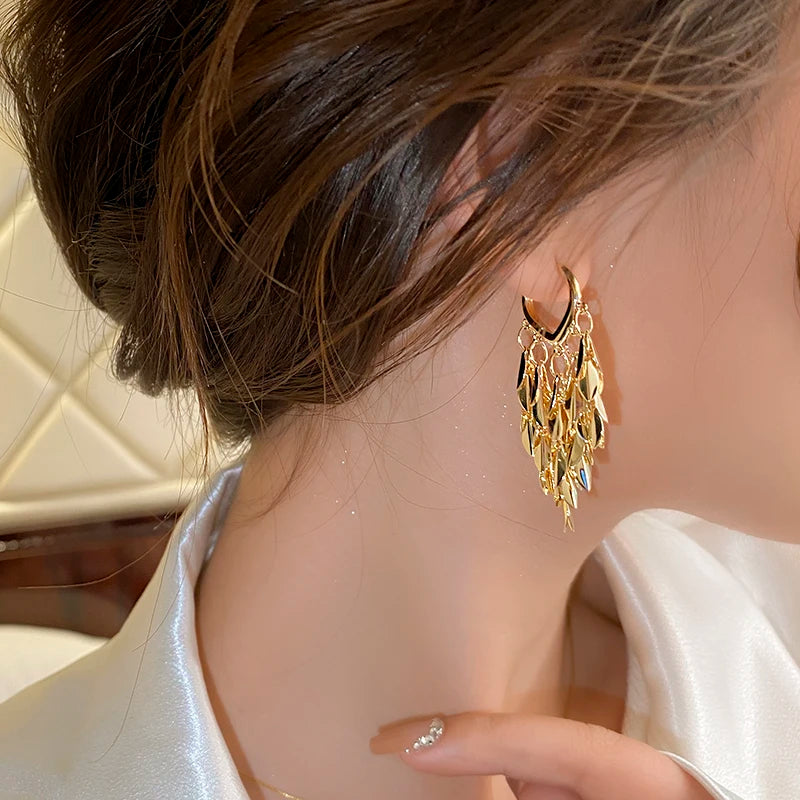 South Korea new design fashion jewelry 14K gold plated leaf tassel love earrings elegant women's daily work accessories