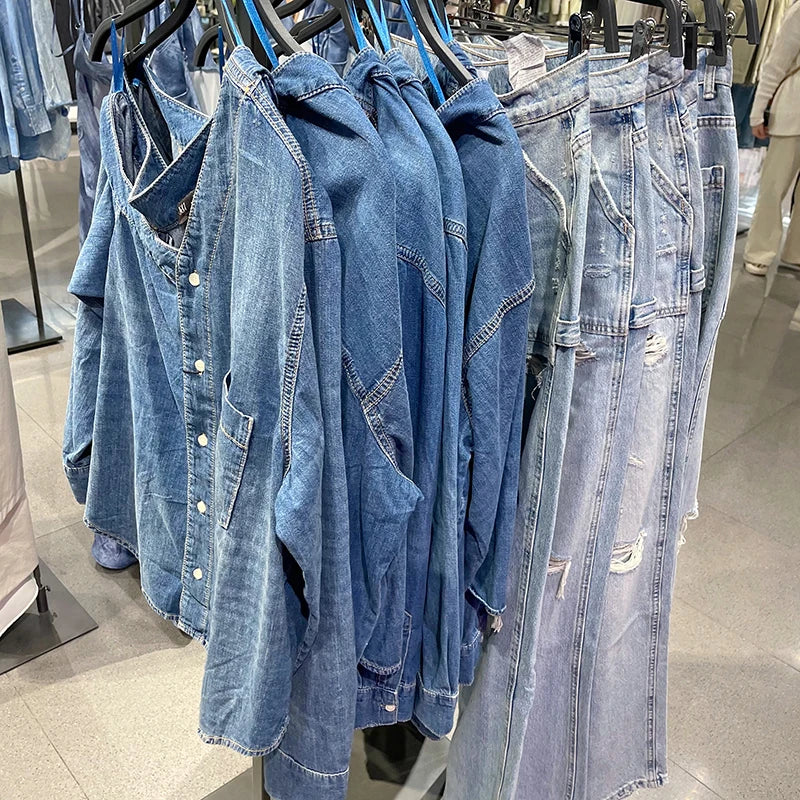 2025 Women's Denim Shirts Button Blouses Asymmetric's Shirts Tops