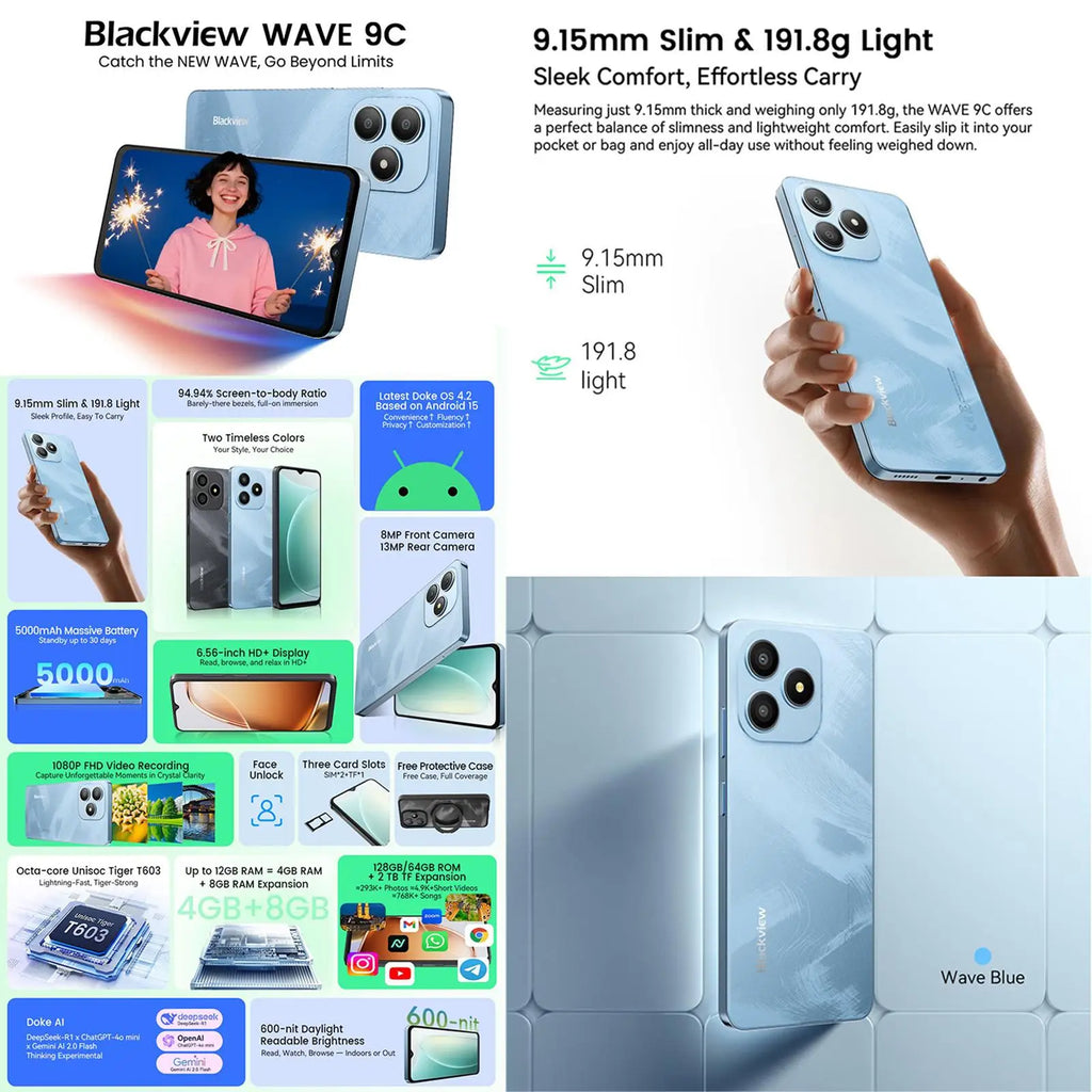 Blackview WAVE 9C Smartphone 4GB+128GB 6.56'' Android 15 Unisoc T603 5000mAh 13MP Camera 4G Cellphone