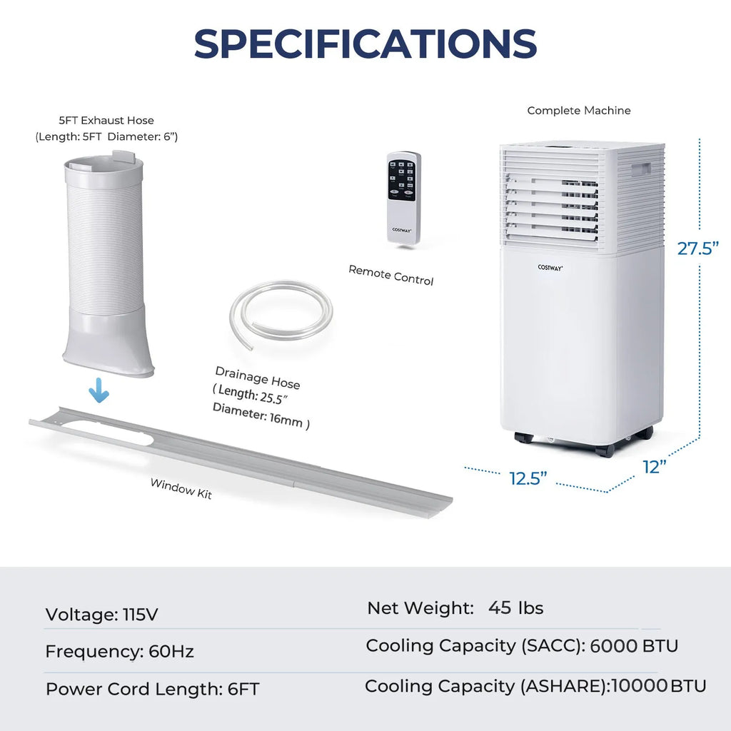 10000 BTU Portable Air Conditioner 3-in-1 Air Cooler w/Dehumidifier & Fan Mode