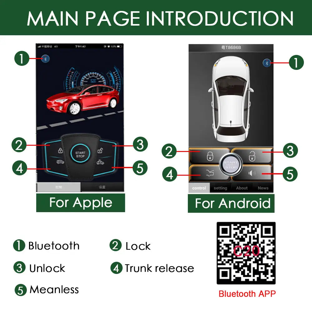 Smartphone Car Alarm System, Compatível com iOS e Android Phone, Remoto Smart Key Car Start and Stop System, PKE Car