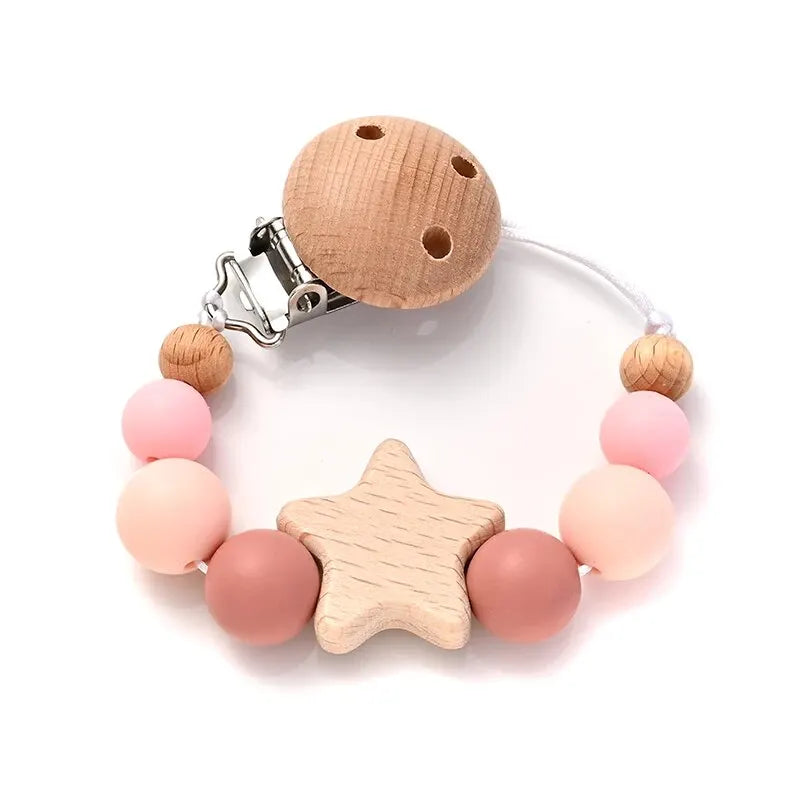 New Baby Pacifier Chain Clips Wood Pentagram Teether Silicone Round Beads Teething Chain For Care Soother Chew Toys Shower Gift