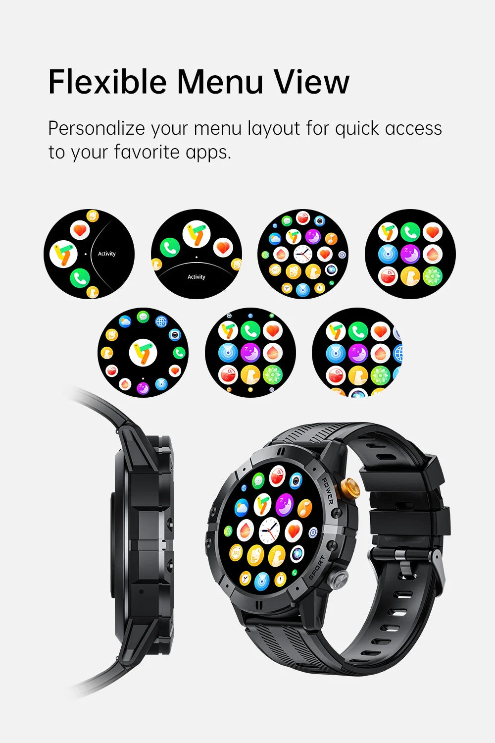 Rugged Fitness Smartwatch - 100+ Professional Sport Modes, Life Waterproof, Smart Message Notifications, Precision Sleep Tracker