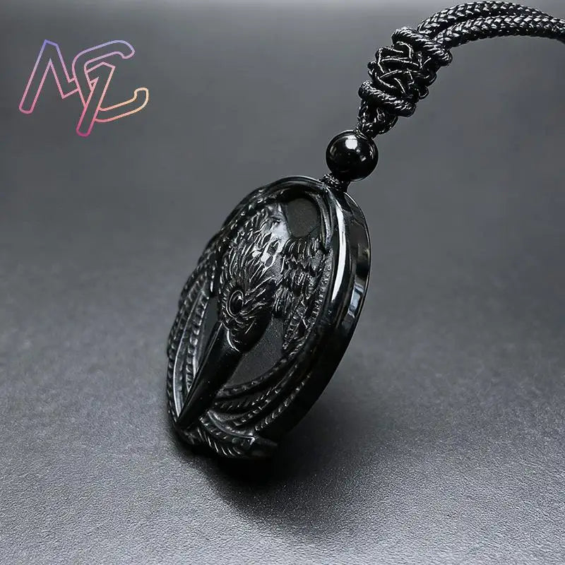 Real Obsidian Crow Pendant Necklace Fashion Gemstone Amulet Accessories Carved Men Natural Jewelry Gift Luxury Talismans